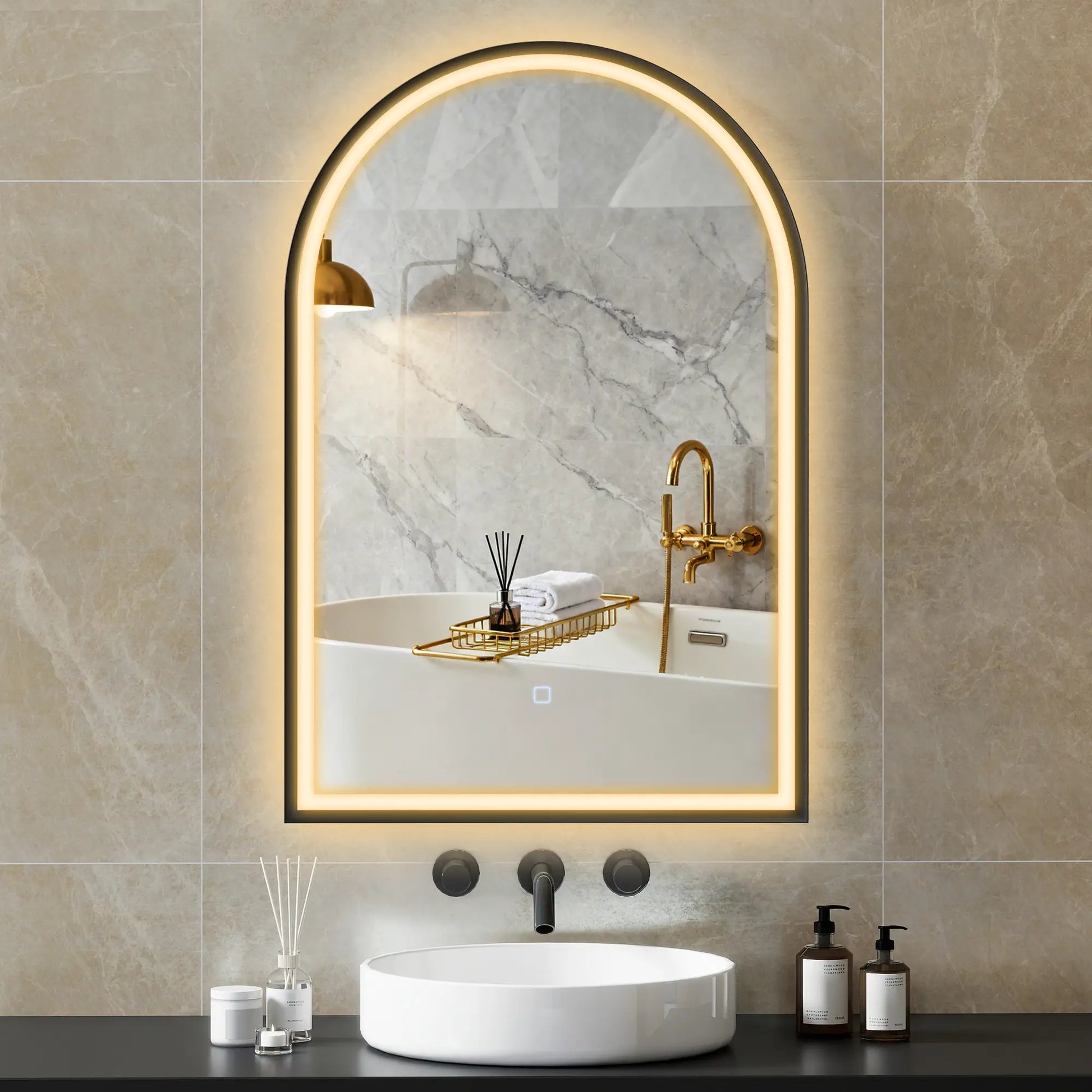 24" x 36" LED Bathroom Mirror, Arched Tempered Glass, Anti-Fog, Dimmable, Black Bath Accessories at Gallery Canada