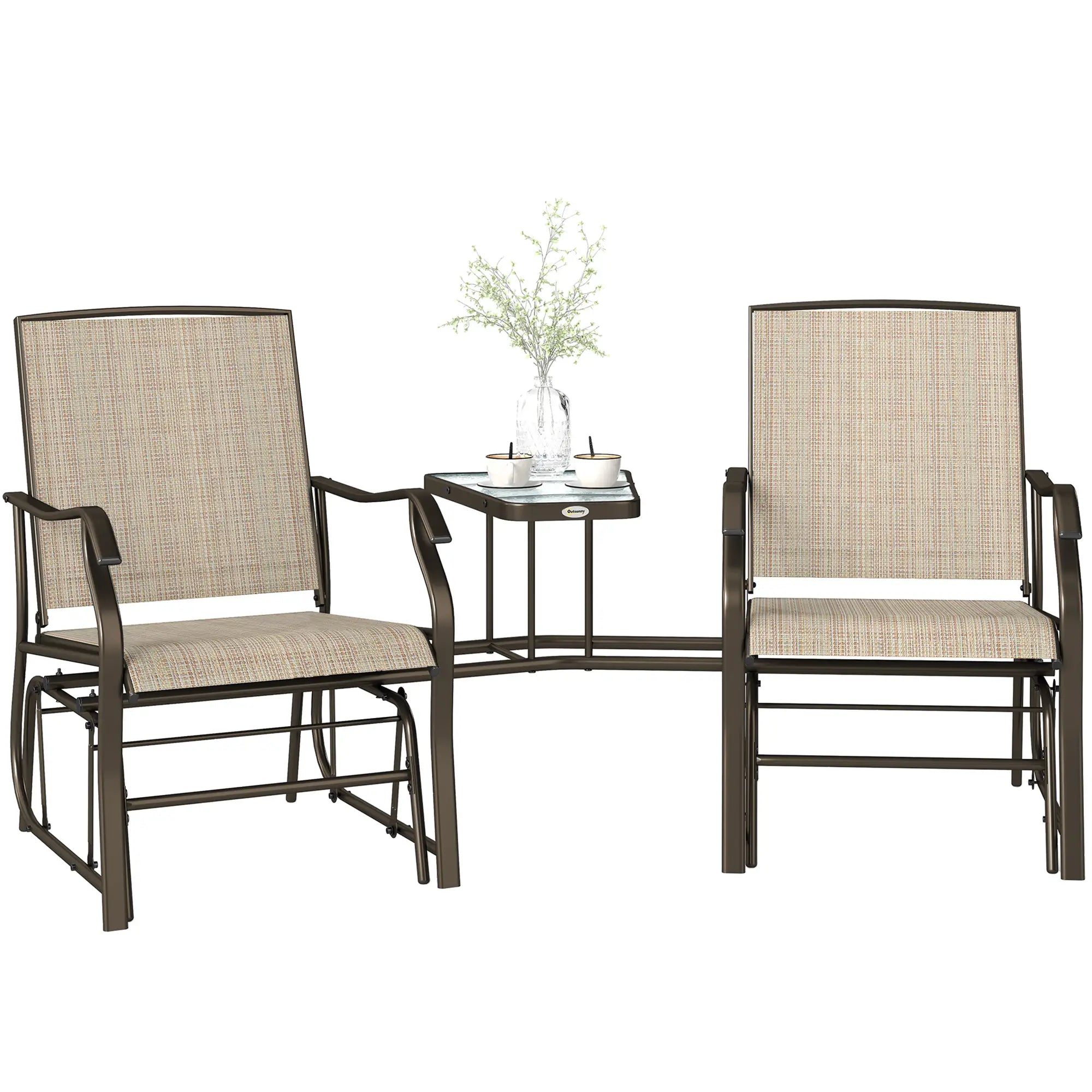 Double Patio Glider Chair, Glass Top Table, All Weather Mesh, Light Brown Outdoor Gliders at Gallery Canada