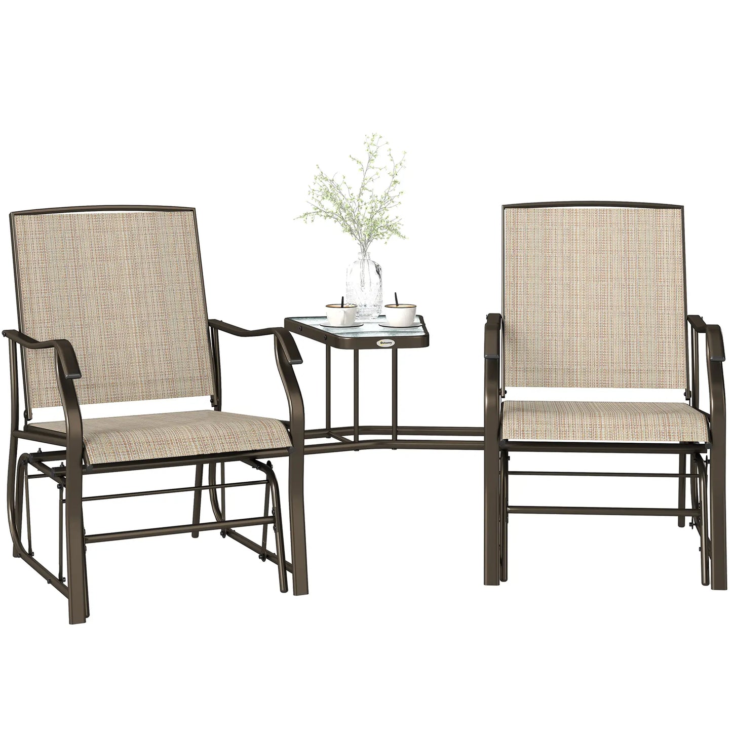 Double Patio Glider Chair, Glass Top Table, All Weather Mesh, Light Brown Outdoor Gliders at Gallery Canada