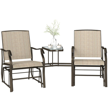 Double Patio Glider Chair, Glass Top Table, All Weather Mesh, Light Brown Outdoor Gliders at Gallery Canada