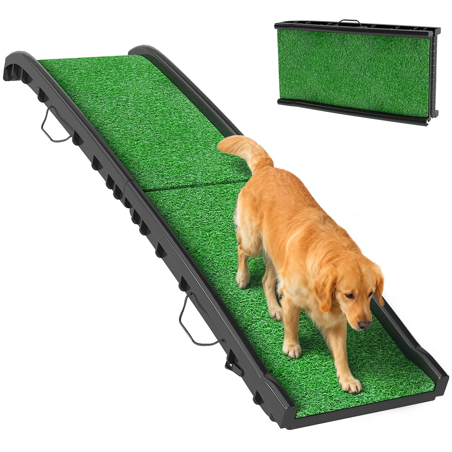 61 Pouces Rampe pour Animaux de Compagnie Pliable avec Surface en Herbe, Garde-Corps Surélevés
