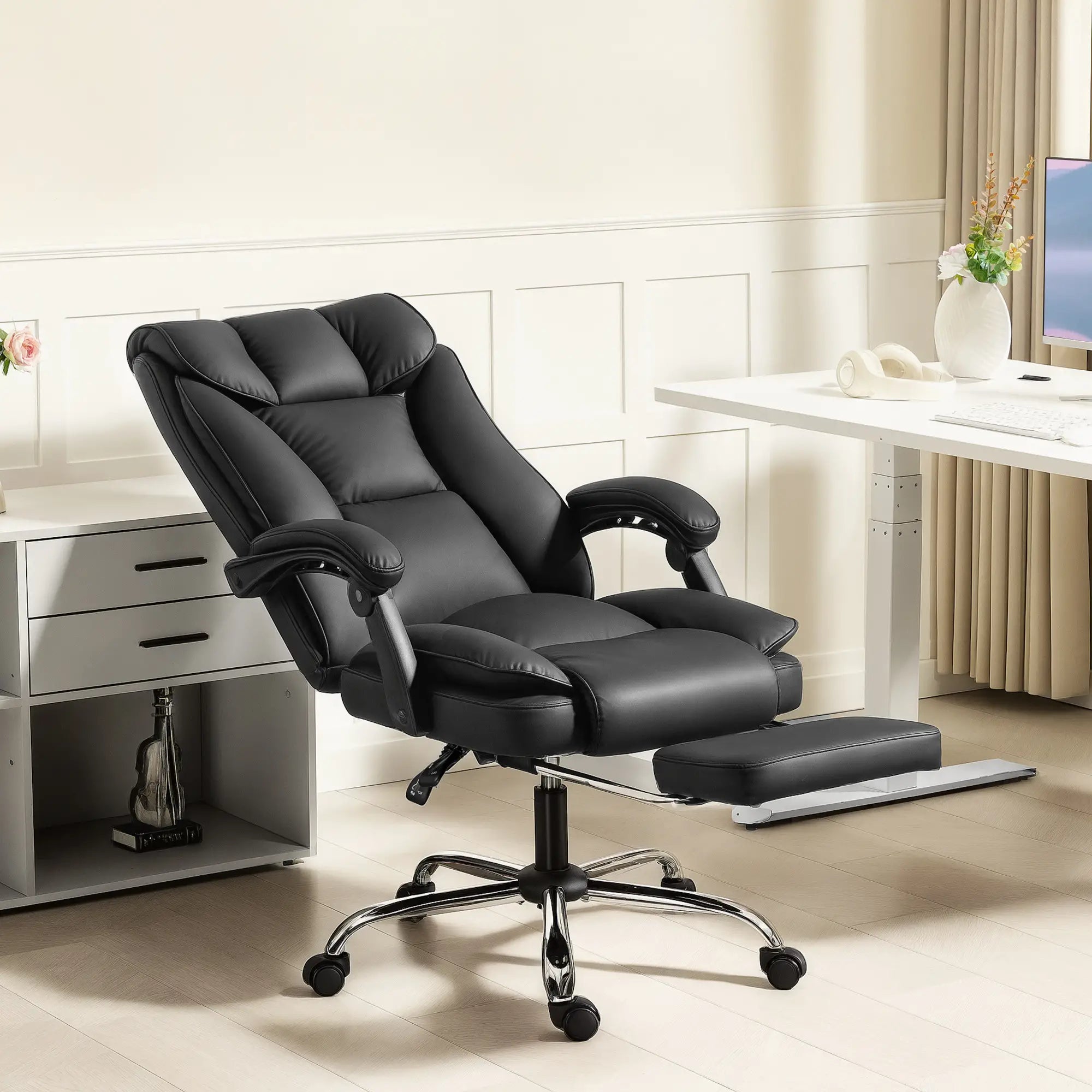Executive Office Chair, Leather Ergonomic Desk Chair with Footrest, Swivel Recliner, Black Executive & Manager Chairs at Gallery Canada
