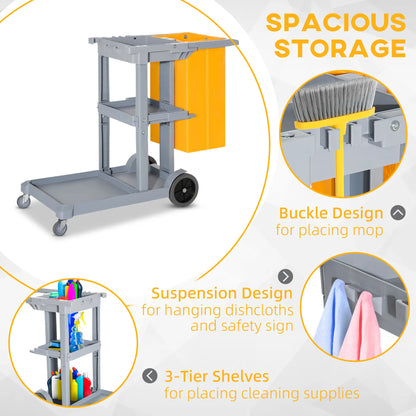 Janitorial Cart with 3 Shelves, Wheels, Rubbish Bag, Mop Holders, Grey Household Supplies at Gallery Canada
