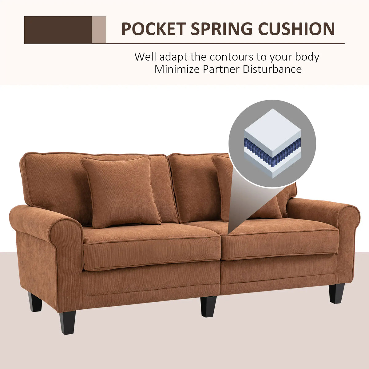 Modern 3 Seater Sofa, Corduroy Couch, Pine Wood Legs, Brown, Brown 3-Seater Sofas at Gallery Canada
