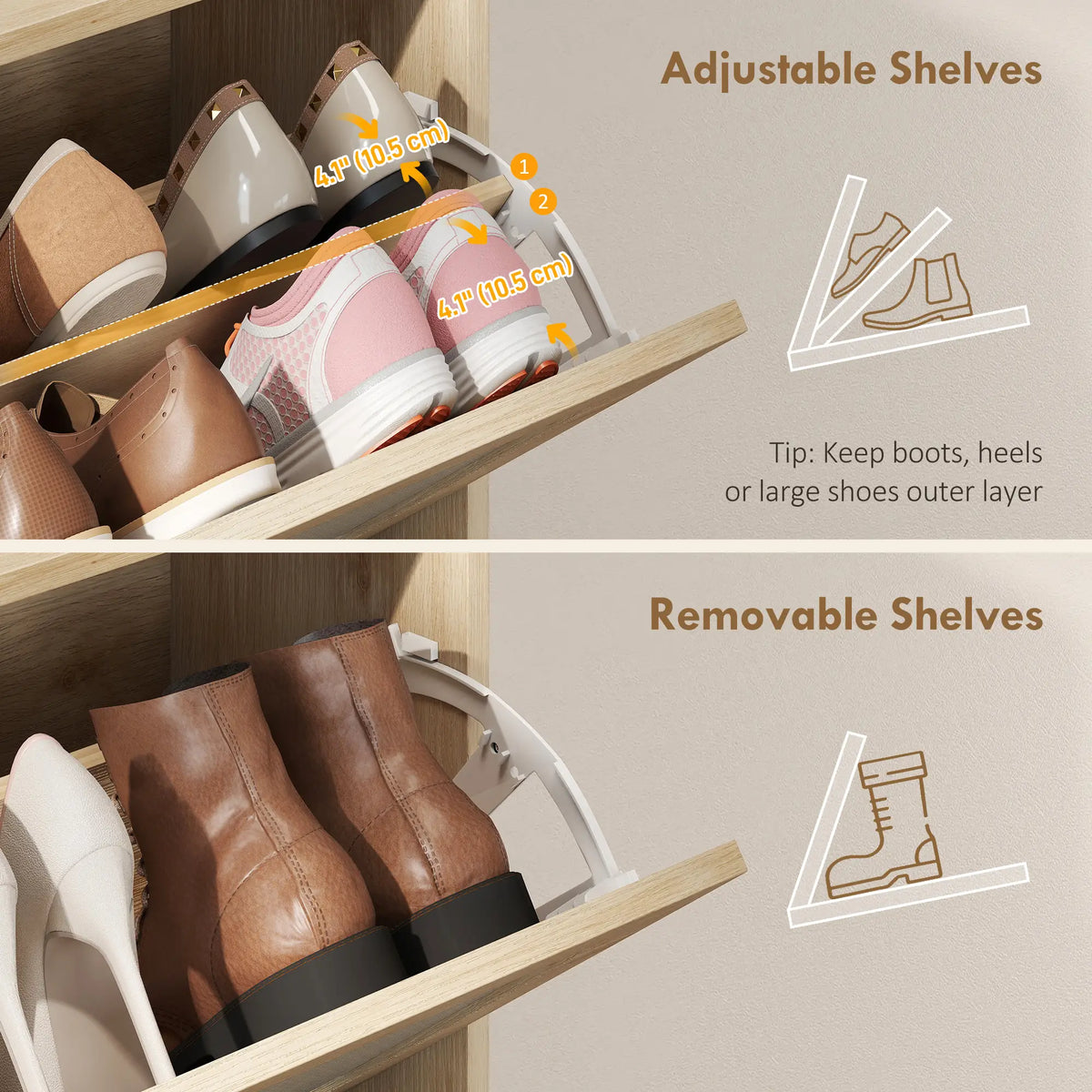 Shoe Cabinet With 2 Flip Drawers, Narrow Storage, Oak