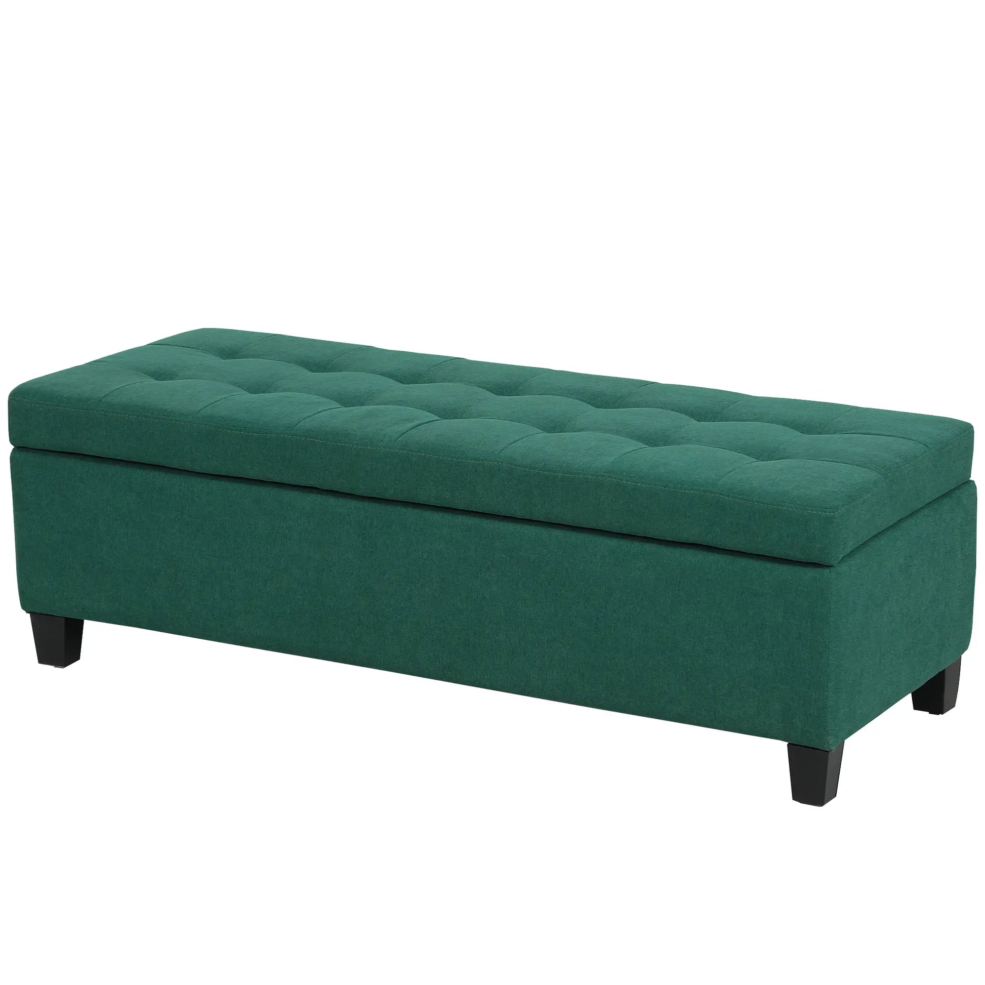 Rectangular Entry Bench, Tufted Upholstered Linen, Wood Feet, Dark Green Storage Ottomans & Benches Dark Green at Gallery Canada