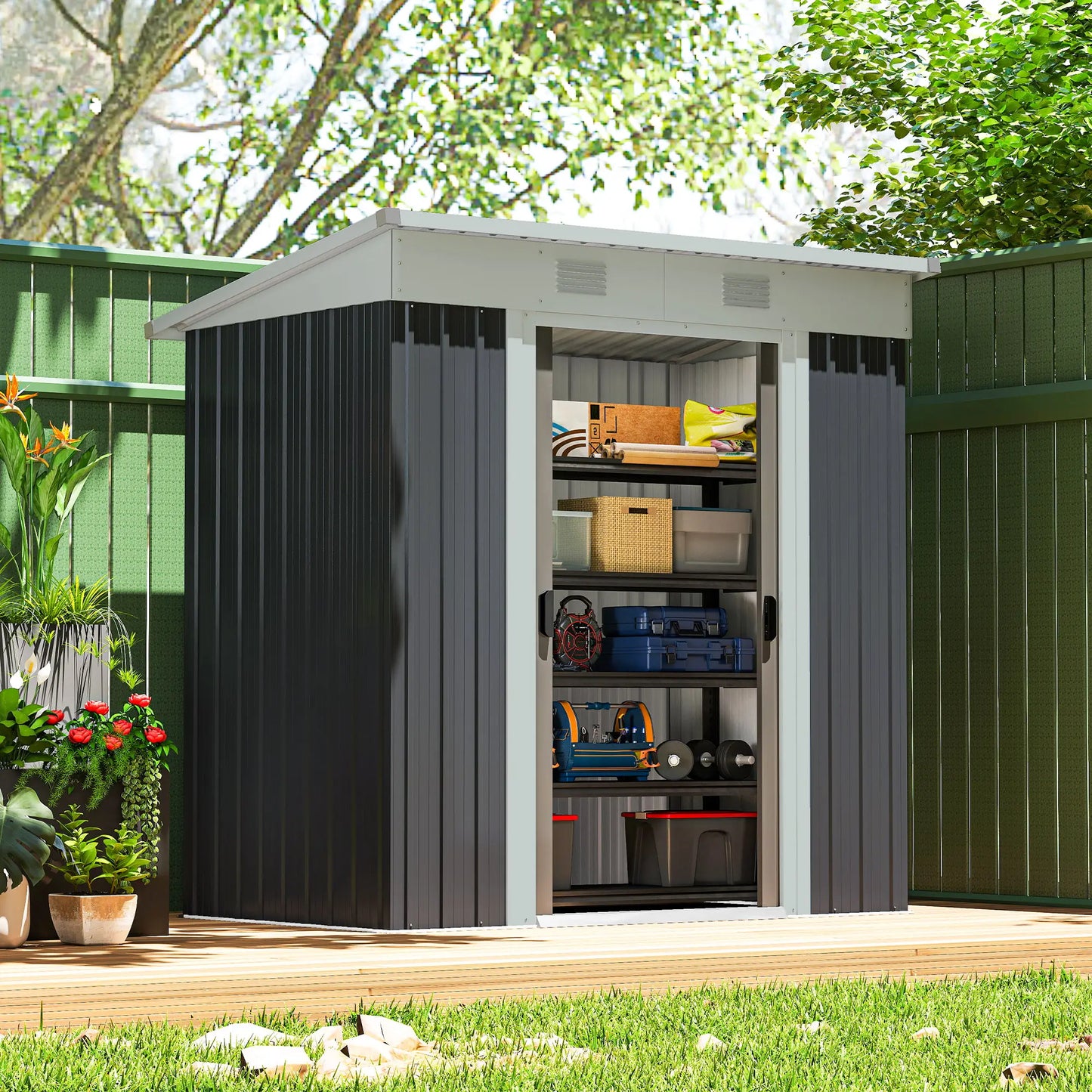 6' x 4' Metal Outdoor Storage Shed, Garden Tool Organizer, Charcoal Grey Sheds at Gallery Canada