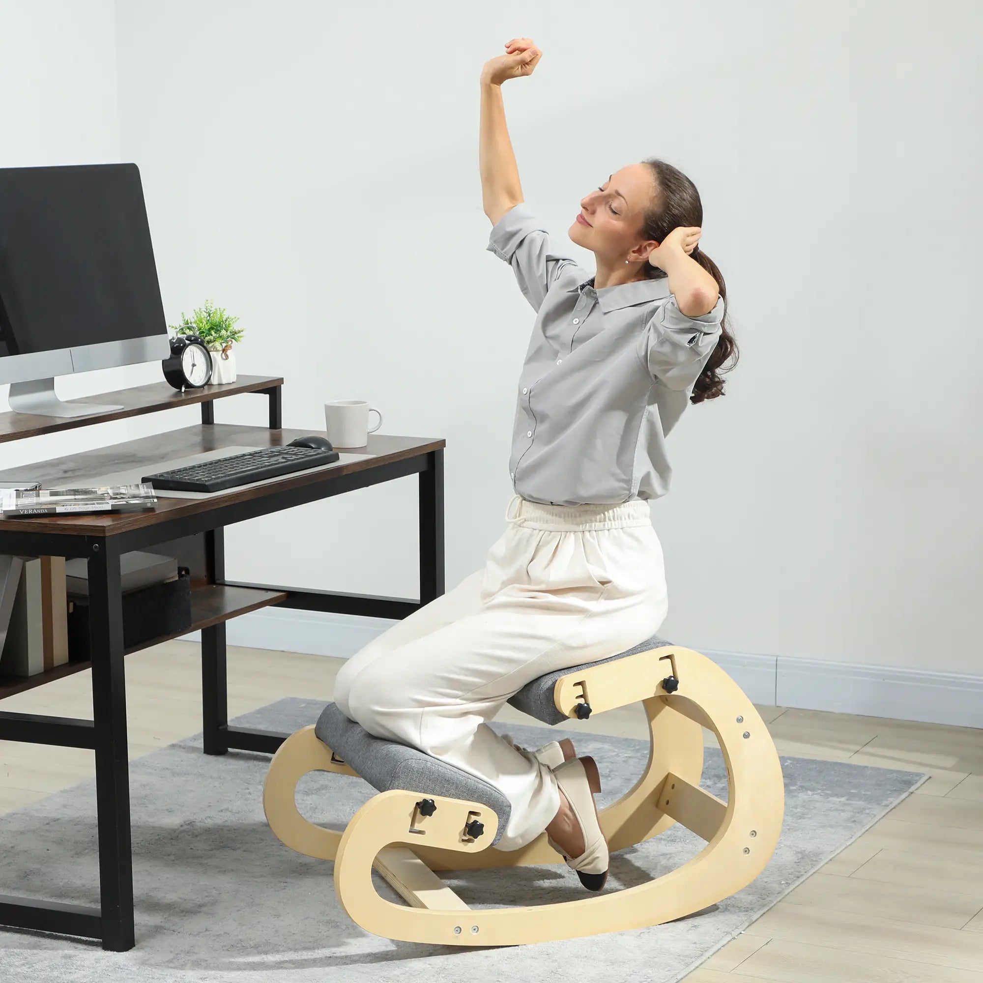 Ergonomic Kneeling Chair, Adjustable Rocking Wood Stool, Grey Office Chairs at Gallery Canada