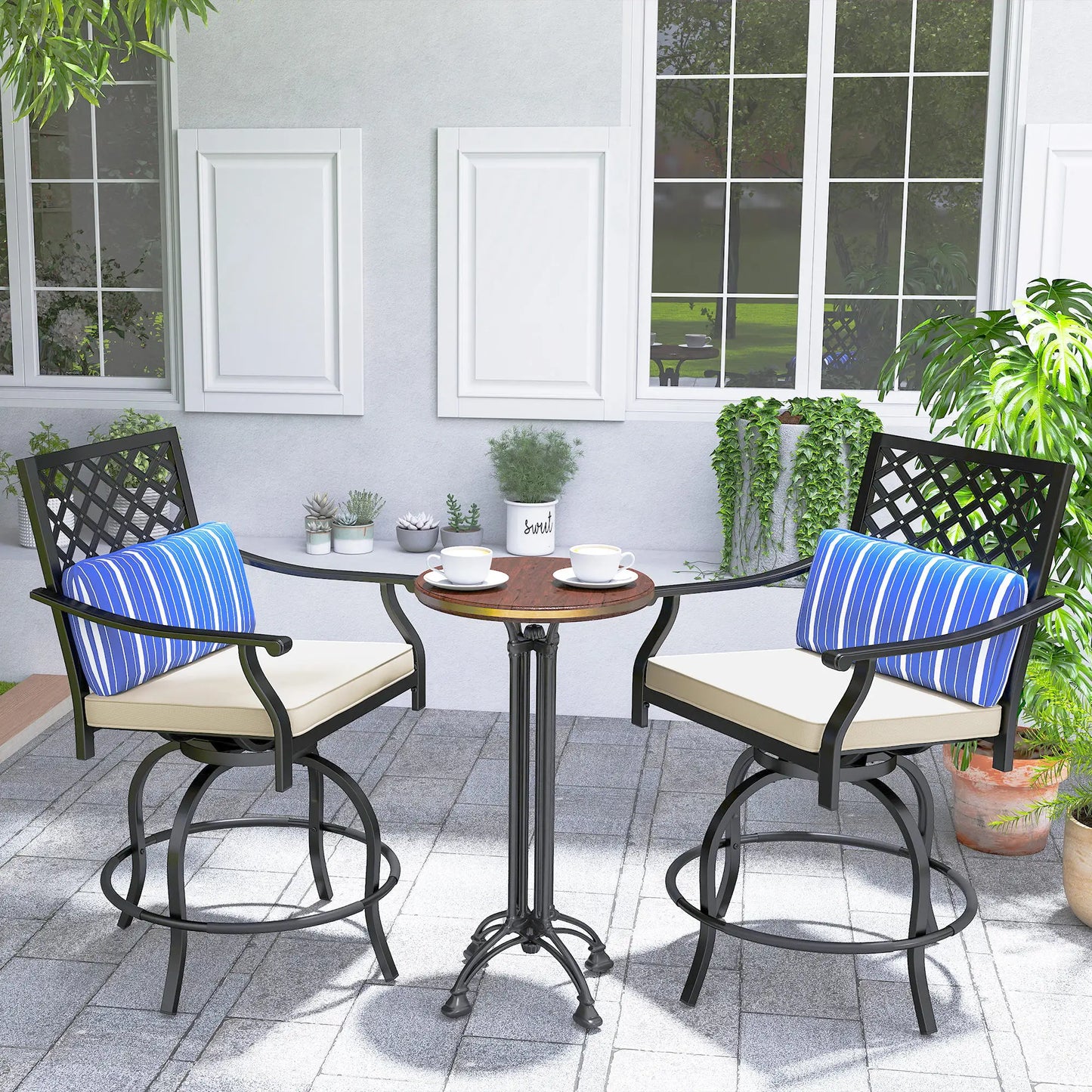 Outdoor Bar Stools Set of 2, Swivel Patio Chairs with Cushion