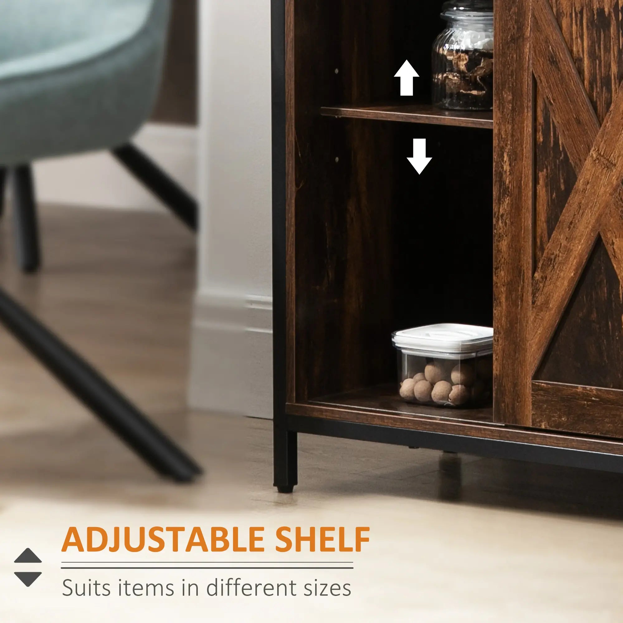 Industrial Sideboard, Buffet Cabinet with Sliding Barn Doors, Rustic Brown, Brown Bar Cabinets at Gallery Canada