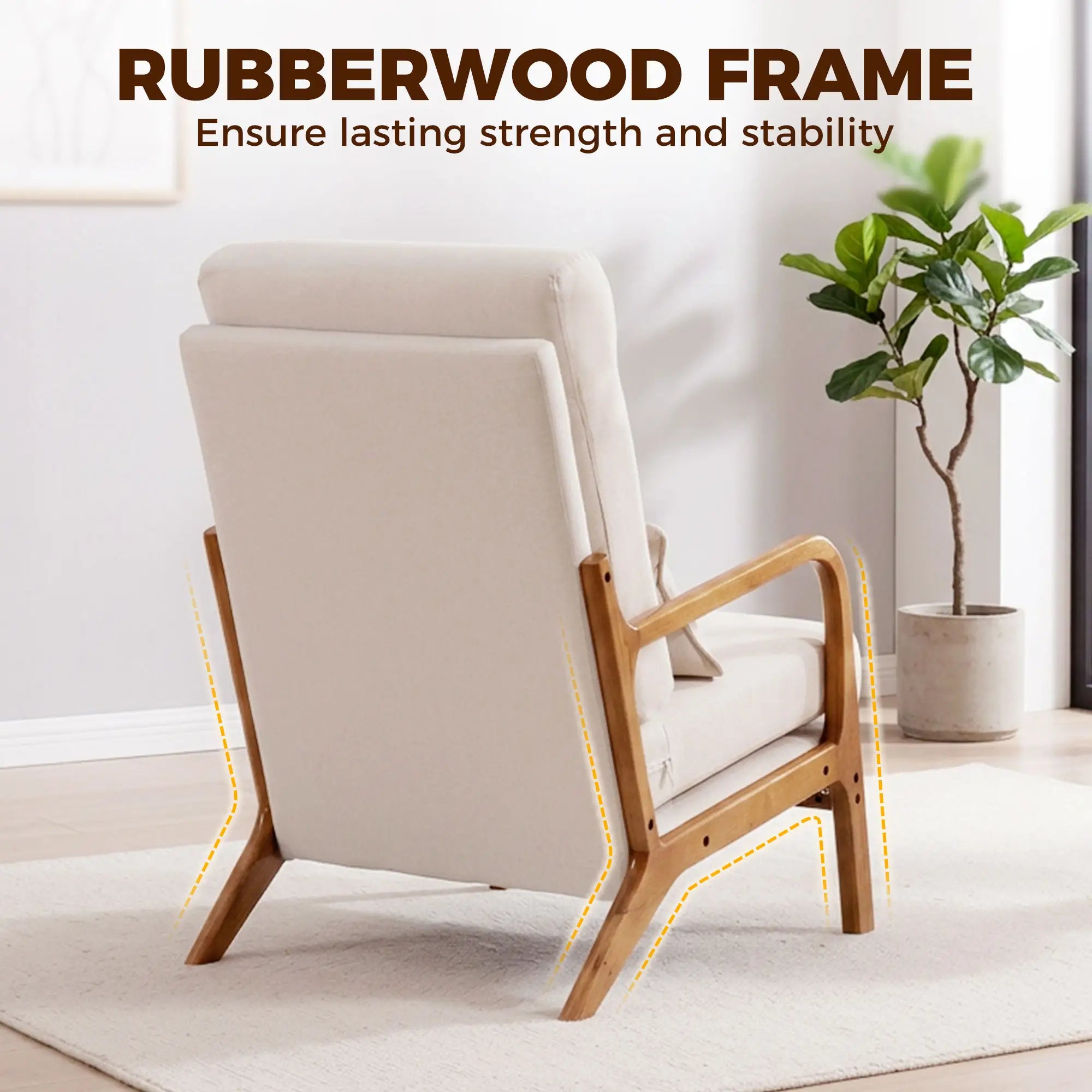 Modern Accent Chair, Linen Armchair with Lumbar Pillow, High Back, Wide Seat, Thick Cushion, Solid Wood Frame, Cream White Accent Chairs at Gallery Canada