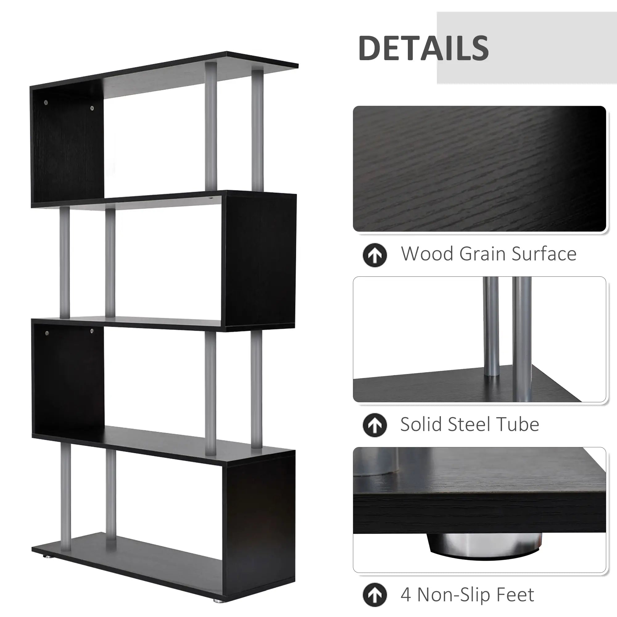 5-Tier Geometric Wooden Bookcase, S-Shaped Storage, Black Display Bookshelves at Gallery Canada