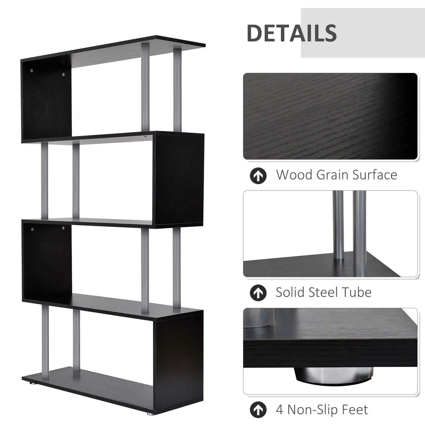 5-Tier Geometric Wooden Bookcase, S-Shaped Storage, Black Display Bookshelves at Gallery Canada