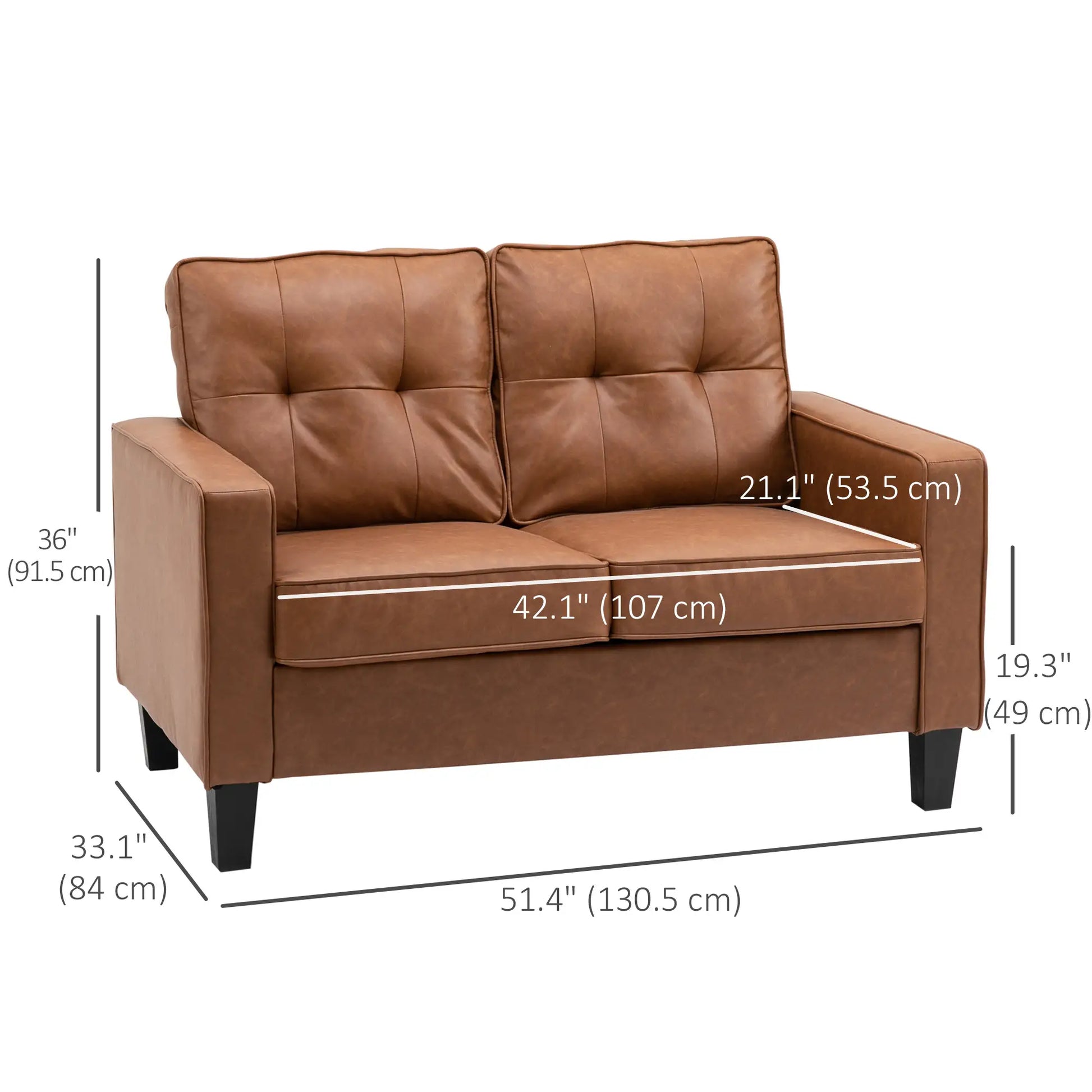 51" PU Leather Loveseat, Upholstered Double Sofa, Tufted Backrest, Brown 2-Seater Sofas at Gallery Canada