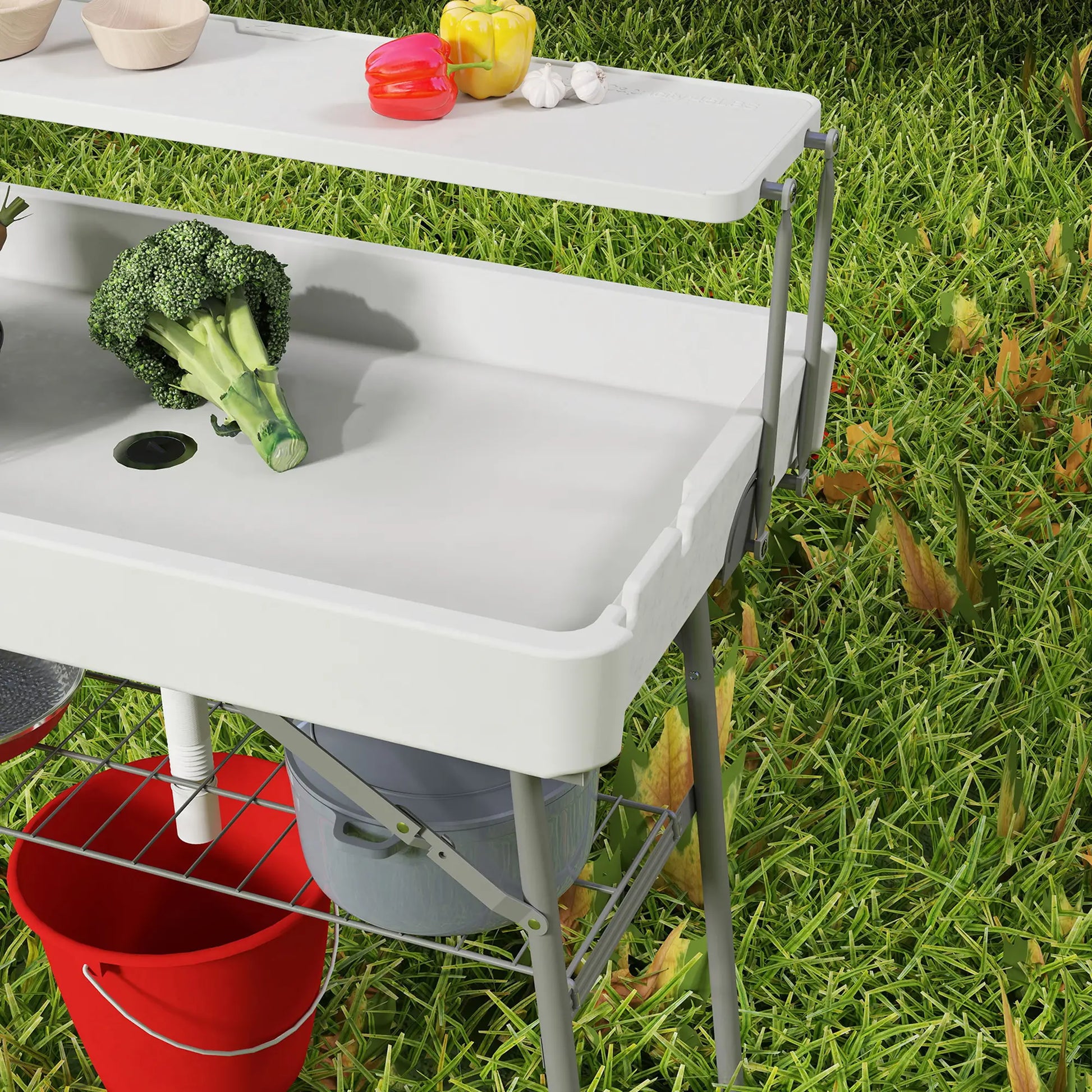 3.5ft Folding Ice Cooler Table with Drain, 2-Tier, Outdoor, White Picnic Tables & Camping Chairs at Gallery Canada