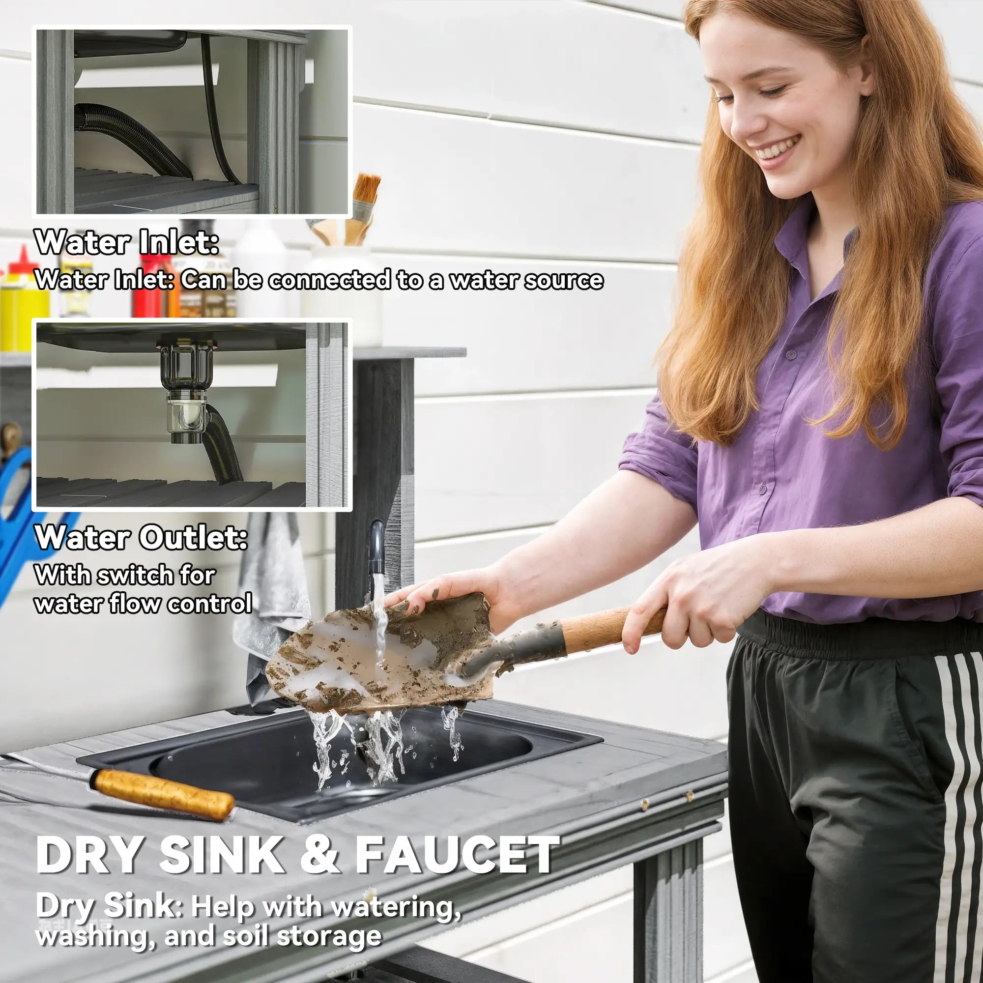 Outdoor Potting Bench With Faucet, Removable Sink, Hooks, Storage Shelves, Grey Potting Benches & Tables at Gallery Canada