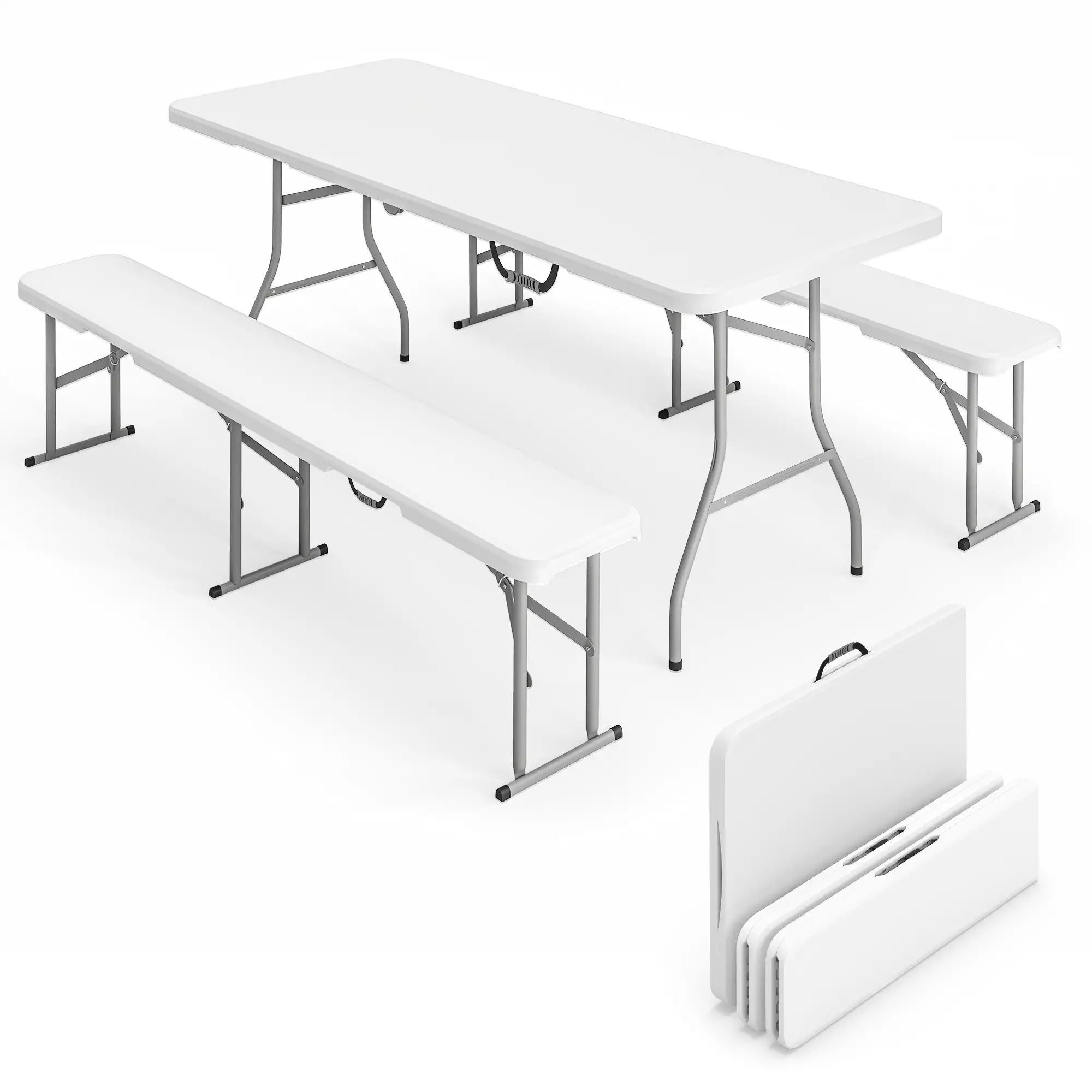 6FT Portable Camping Table Bench Set, Folding Picnic Table with 2 Benches, White Picnic Tables & Camping Chairs at Gallery Canada