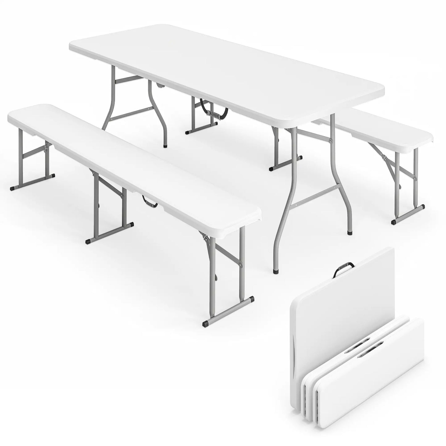6FT Portable Camping Table Bench Set, Folding Picnic Table with 2 Benches, White Picnic Tables & Camping Chairs at Gallery Canada