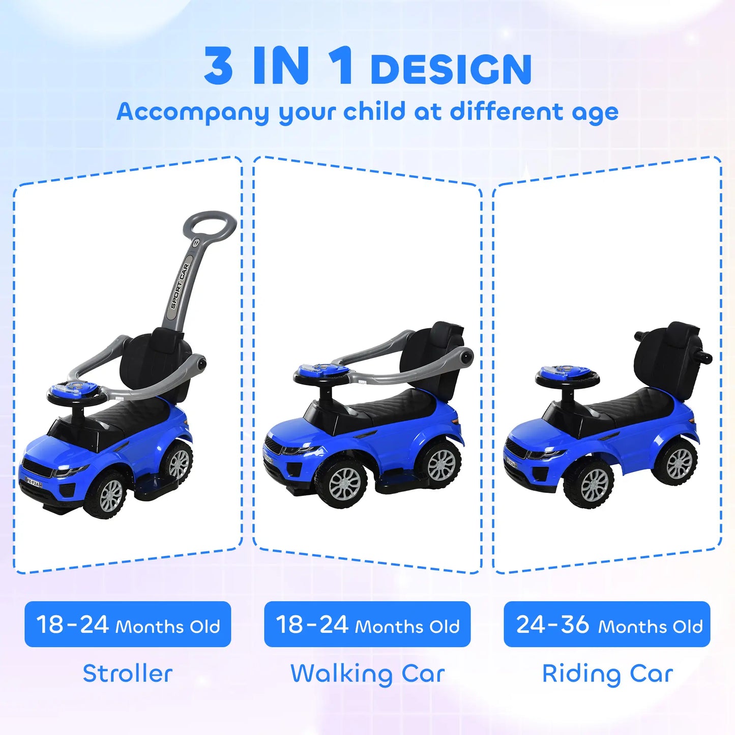 2 en 1 Poussette Voiture à Pousser pour Enfant, Voiture à Glissière avec Klaxon, Musique, Lumière, Barre de Sécurité, Bleu