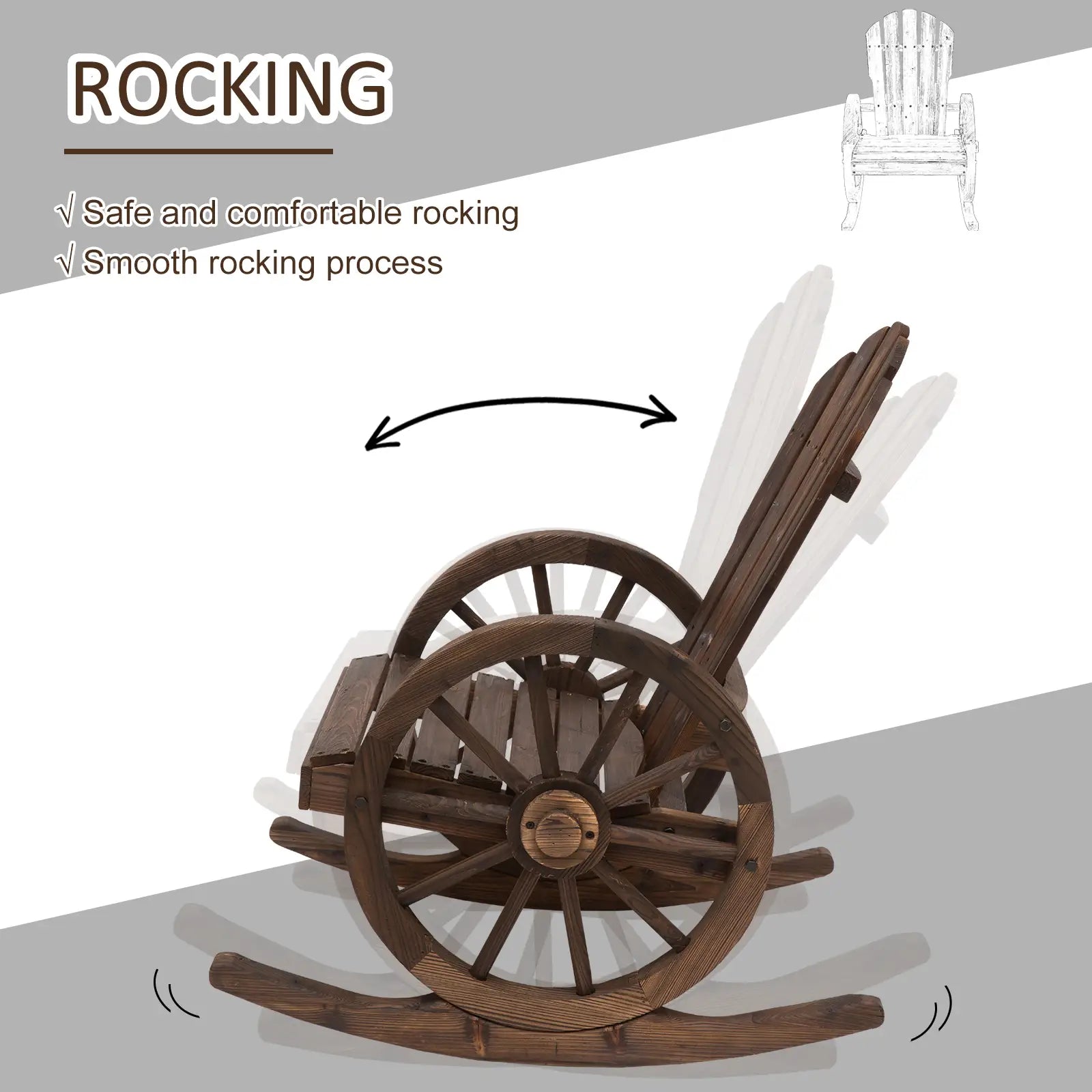 Wooden Rocking Chair, Outdoor Rocker with Slatted Design, Wheel Armrests, Carbonized Outdoor Rocking Chairs at Gallery Canada