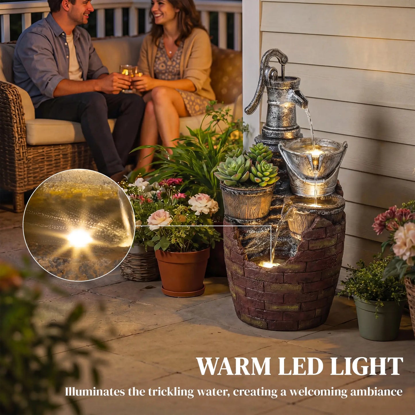 4-Tier Outdoor Fountain With Planter, Cascading Waterfall, LED Lights, Rustic Brown And Grey Water Fountains at Gallery Canada
