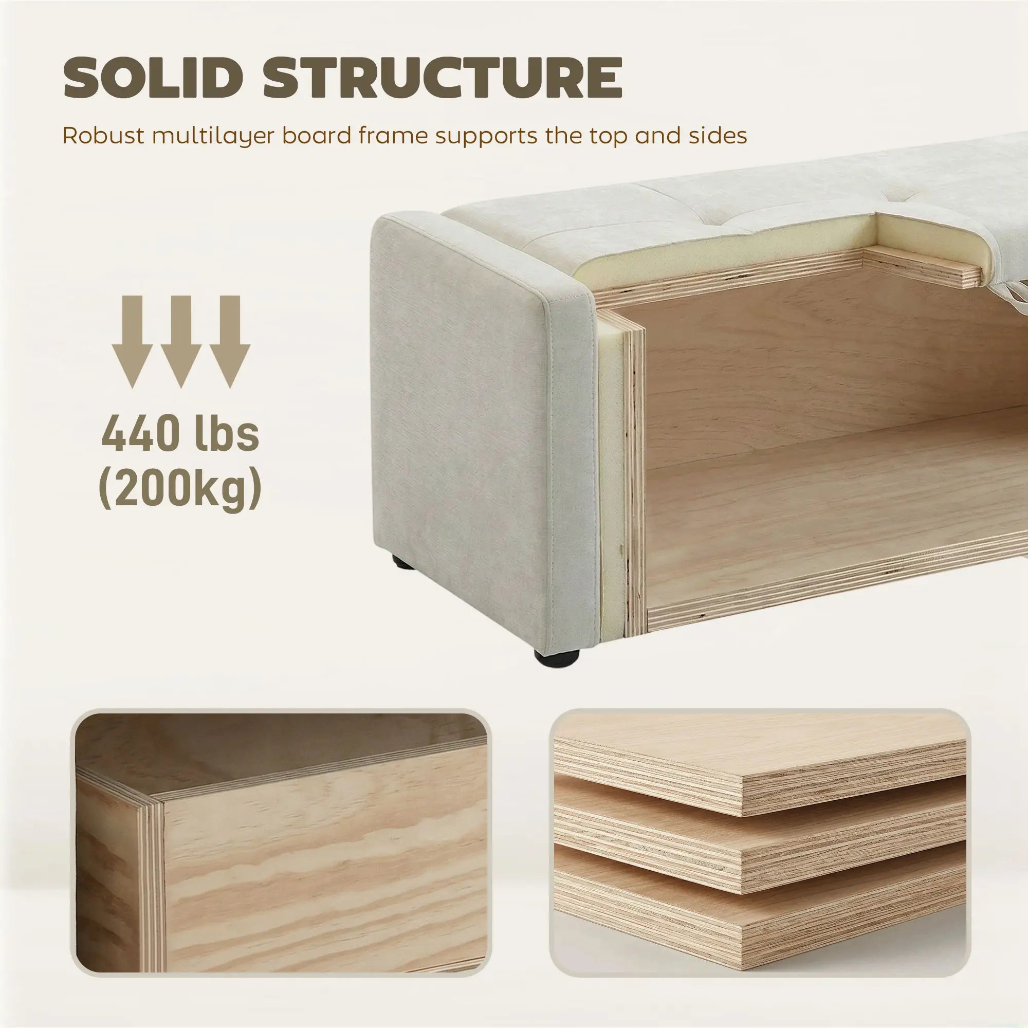 Storage Ottoman Bench, Linen Fabric, Wide Padded Seat, Cream White Storage Ottomans & Benches at Gallery Canada