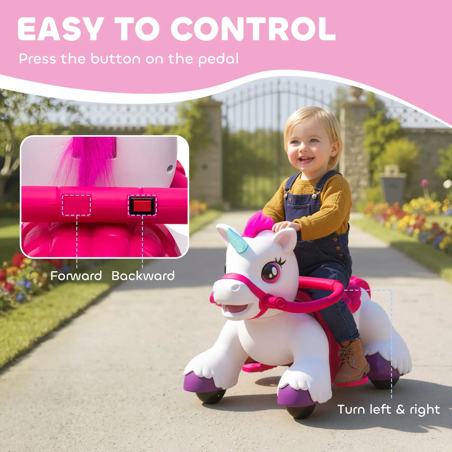12V Unicorn Ride on Toy, Battery Powered, Carrot Toy, Comb, Animal Sounds Rocking Horses at Gallery Canada