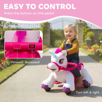 12V Unicorn Ride on Toy, Battery Powered, Carrot Toy, Comb, Animal Sounds Rocking Horses at Gallery Canada