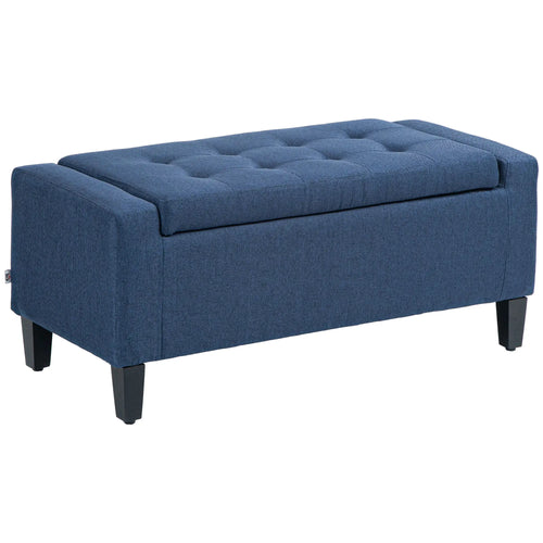Storage Ottoman Bench, Linen Upholstered, Tufted, Dark Blue