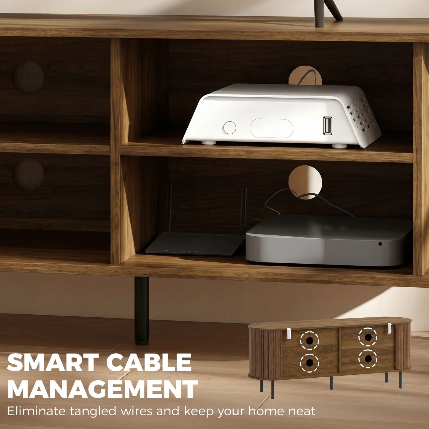 TV Stand for TVs up to 60", Modern Entertainment Center with Curved Sliding Doors, Walnut Brown