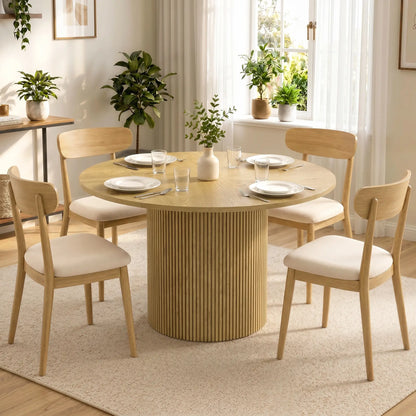 43.3 Inch Round Dining Table For 4-6, Fluted Pedestal, Oak Dining Tables at Gallery Canada