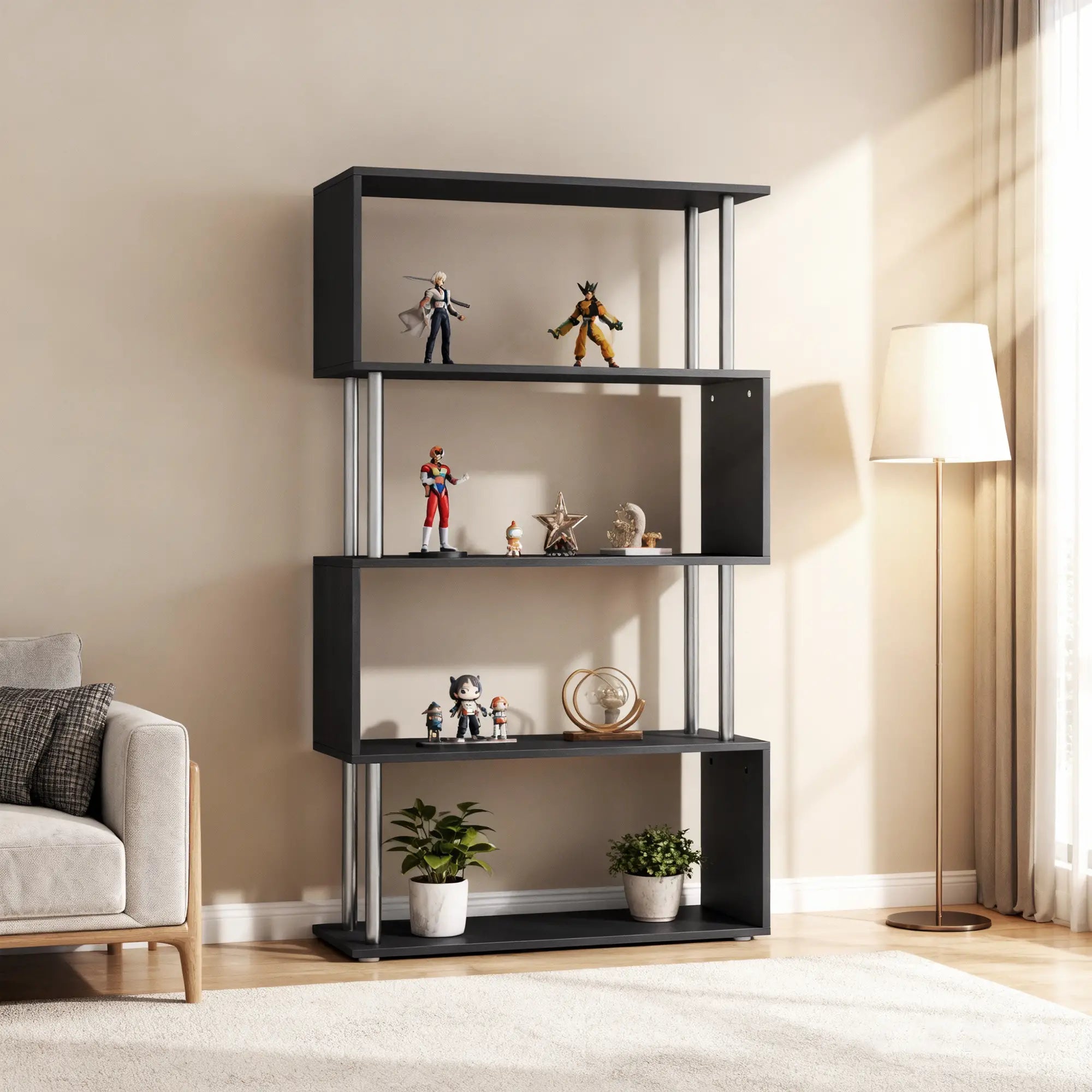 5-Tier Geometric Wooden Bookcase, S-Shaped Storage, Black Display Bookshelves at Gallery Canada