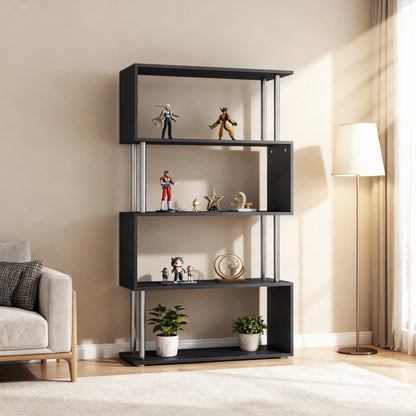 5-Tier Geometric Wooden Bookcase, S-Shaped Storage, Black Display Bookshelves at Gallery Canada