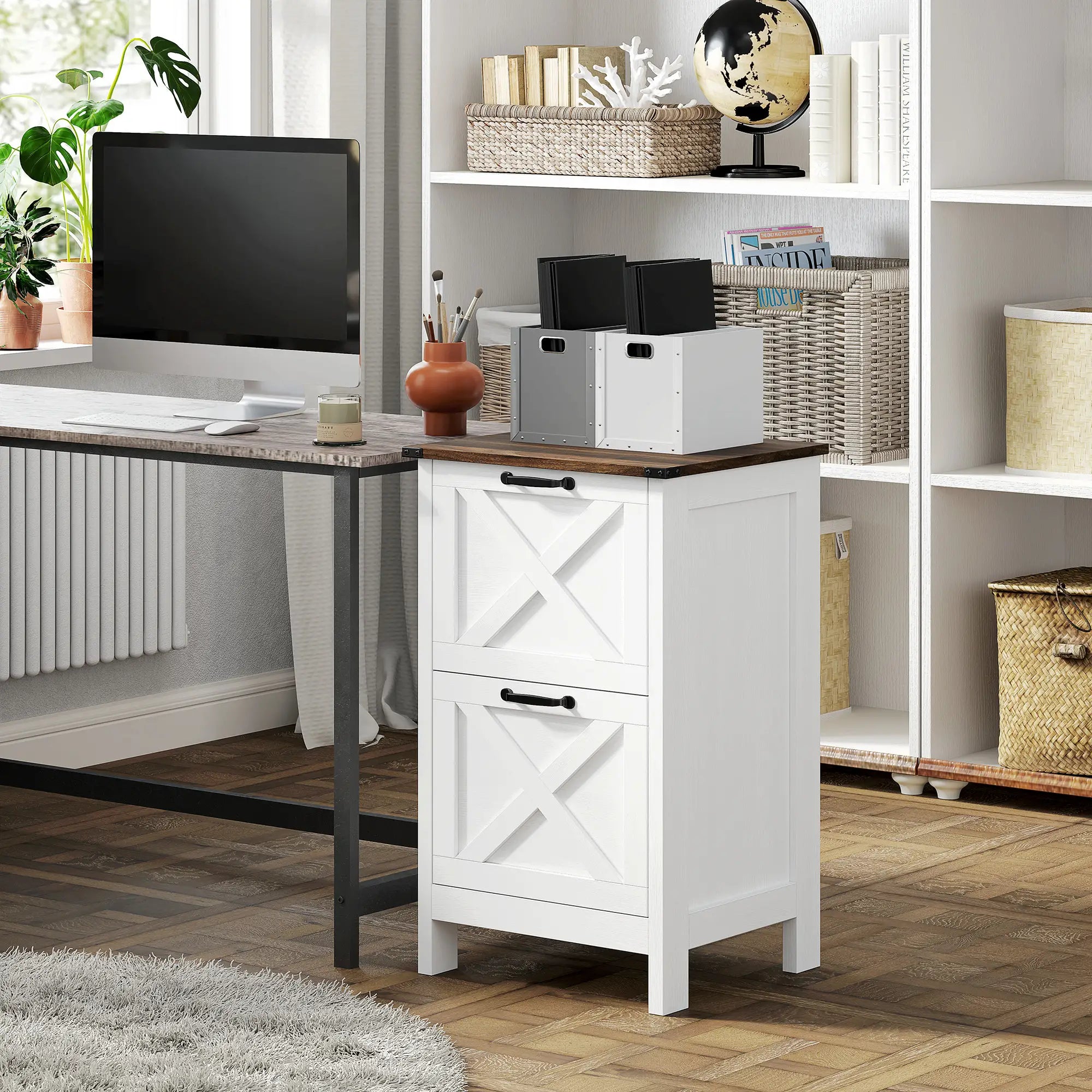 2 Drawer Vertical Filing Cabinet, Rustic Farmhouse, A4 Letter Size, Distressed White, White Office Cabinets & Cupboards at Gallery Canada