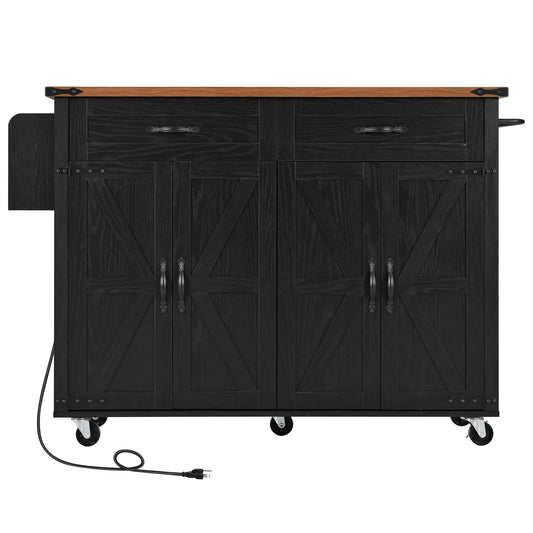 Kitchen Island with Spice Rack, Storage Drawers, Power Outlet, 53.5" L x 29" W x 36.5" H, Black Kitchen Islands & Kitchen Carts Black at Gallery Canada