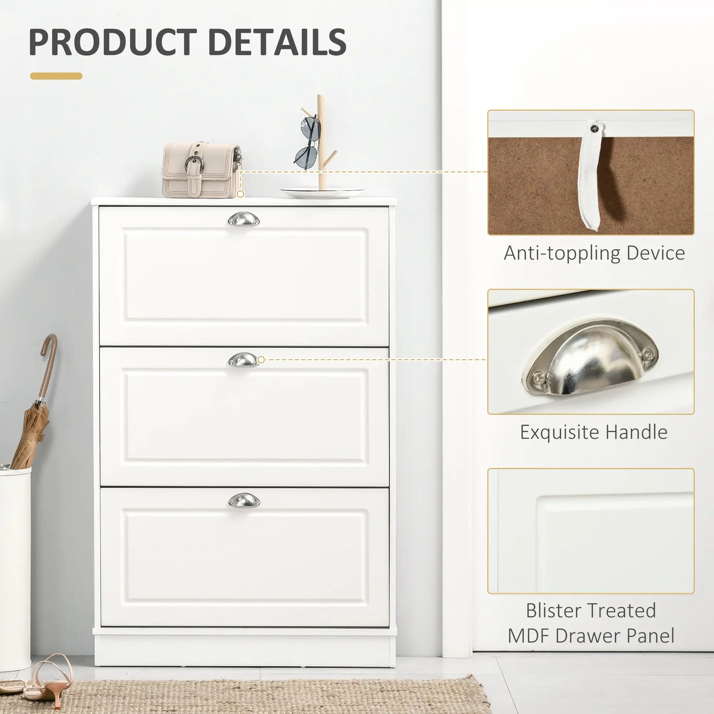 Shoe Cabinet, 3 Flip Drawers, Narrow, Holds 12 Pairs, White Shoe Storage Cabinets & Racks at Gallery Canada