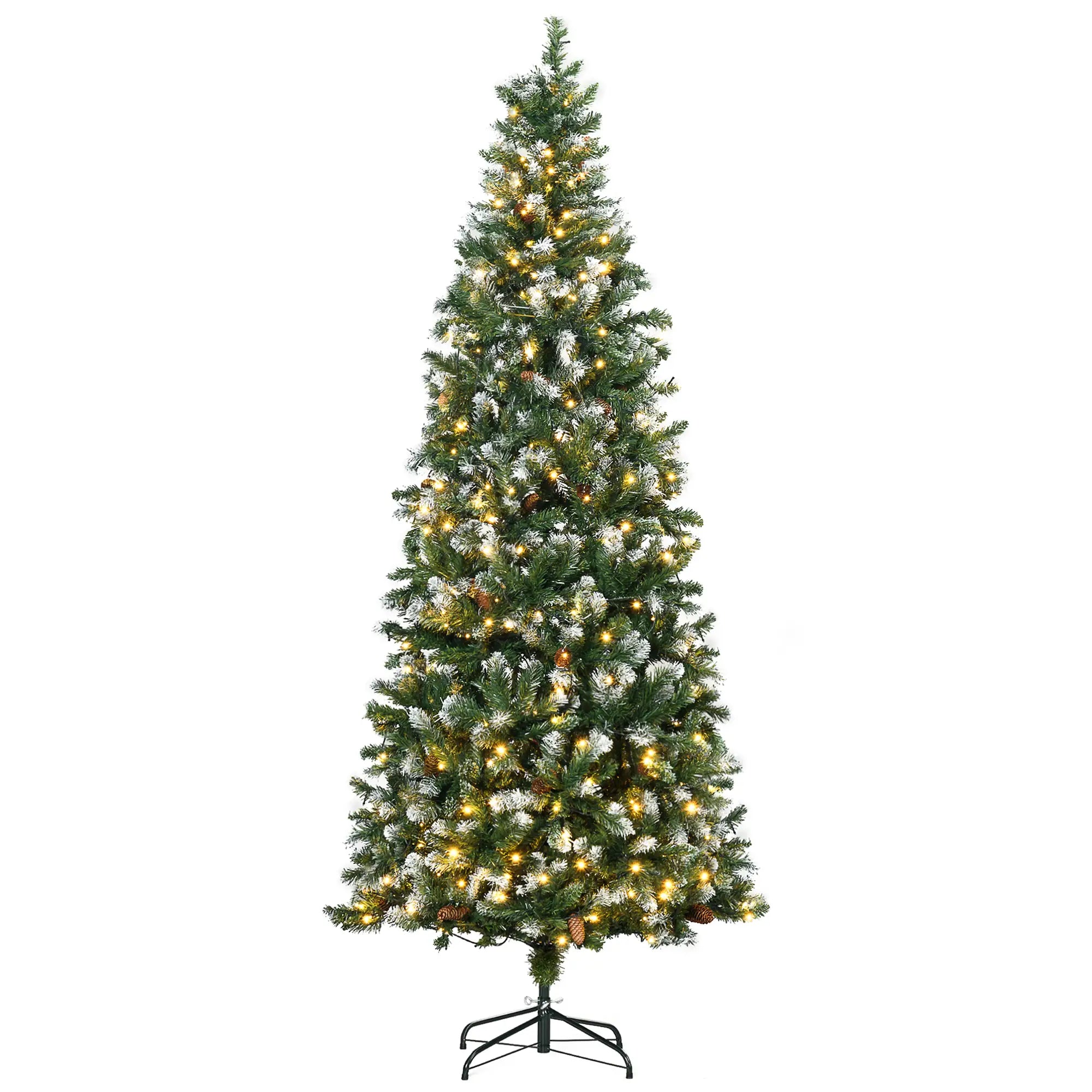 7.5' Skinny Prelit Artificial Christmas Tree, Auto Open, Pinecones, Snow-Dipped Branches Pre Lit Christmas Trees Green at Gallery Canada