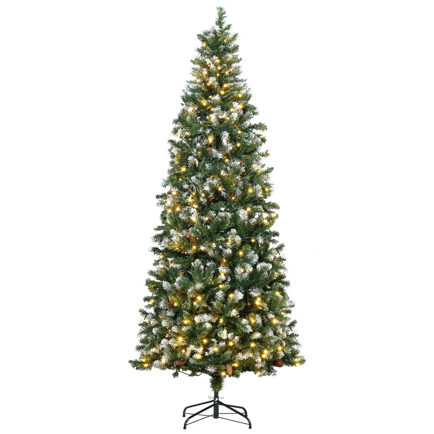 7.5' Skinny Prelit Artificial Christmas Tree, Auto Open, Pinecones, Snow-Dipped Branches Pre Lit Christmas Trees Green at Gallery Canada