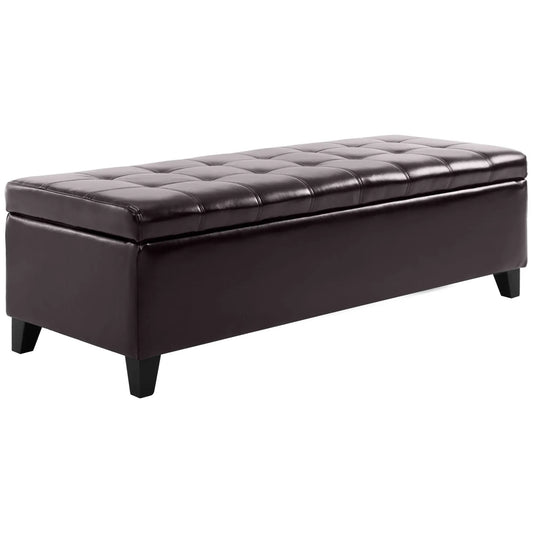 Storage Ottoman Bench, 51 Inches PU Leather, Solid Wood Legs, Brown Storage Ottomans & Benches Brown at Gallery Canada