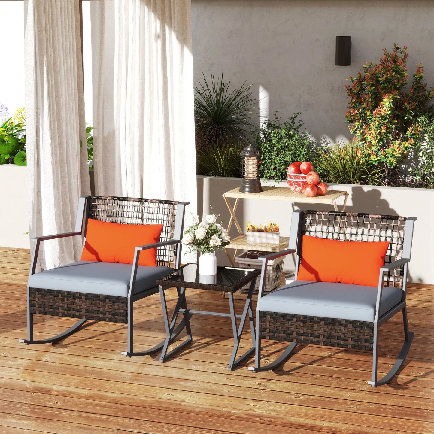 3 Pc Rocking Bistro Set, Wicker Patio Furniture with Cushions, Glass Table, Grey Outdoor Rocking Chairs at Gallery Canada