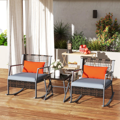 3 Pc Rocking Bistro Set, Wicker Patio Furniture with Cushions, Glass Table, Grey Outdoor Rocking Chairs at Gallery Canada