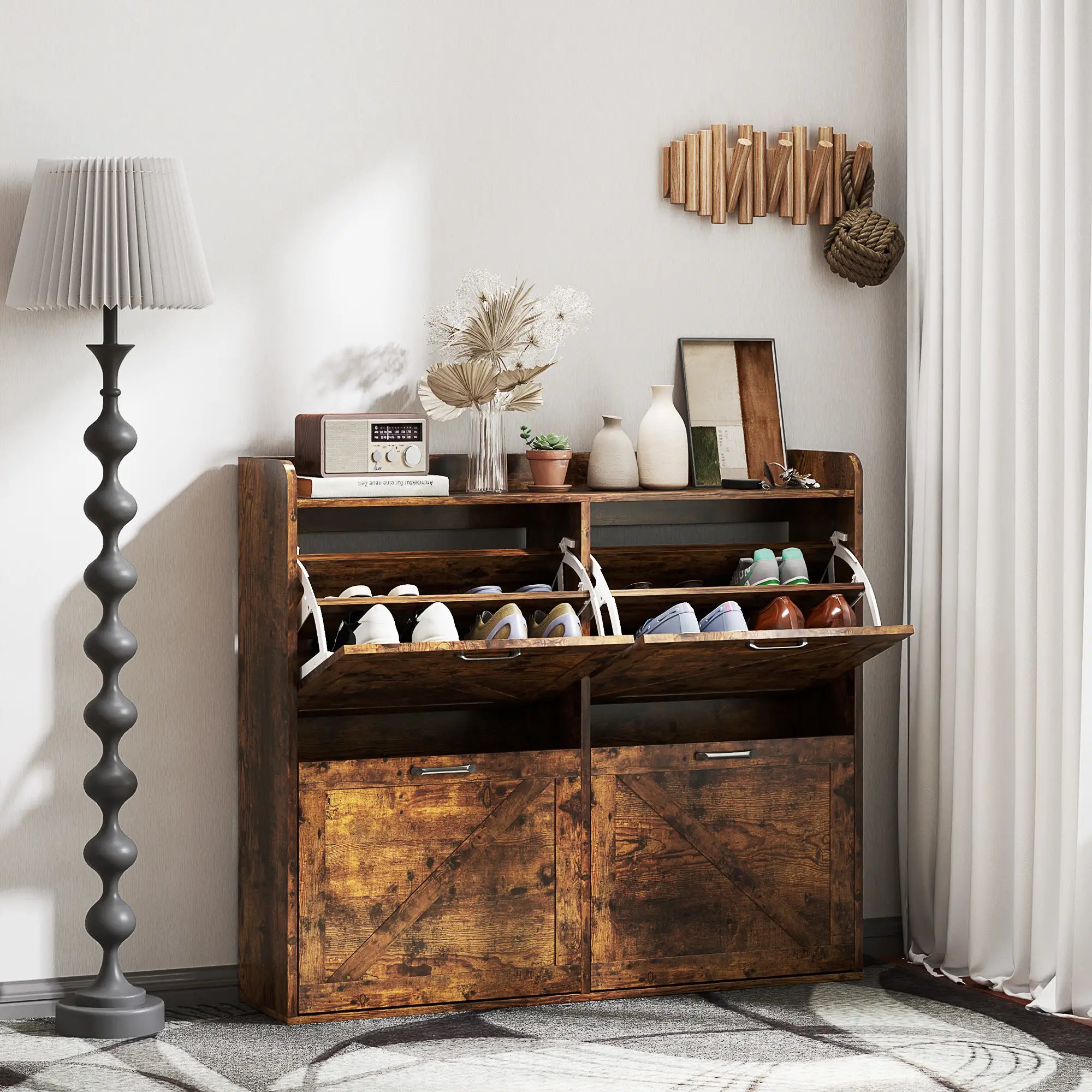 Narrow Shoe Storage Cabinet, 4 Flip Drawers, Adjustable Shelves, 16 Pair, Rustic Brown Shoe Storage Cabinets & Racks at Gallery Canada