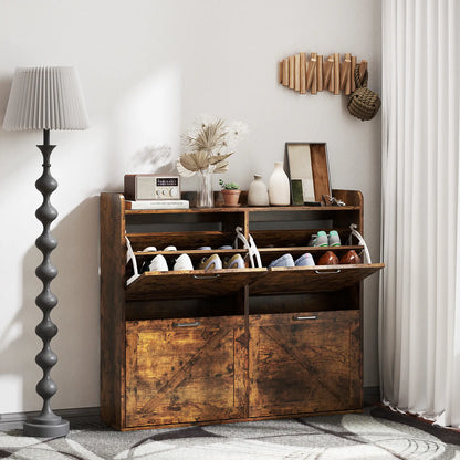 Narrow Shoe Storage Cabinet, 4 Flip Drawers, Adjustable Shelves, 16 Pair, Rustic Brown Shoe Storage Cabinets & Racks at Gallery Canada