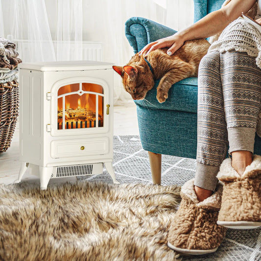 16" Freestanding Electric Fireplace Heater, Wood Flame, 750/1500W, Beige Electric Fireplaces Beige at Gallery Canada