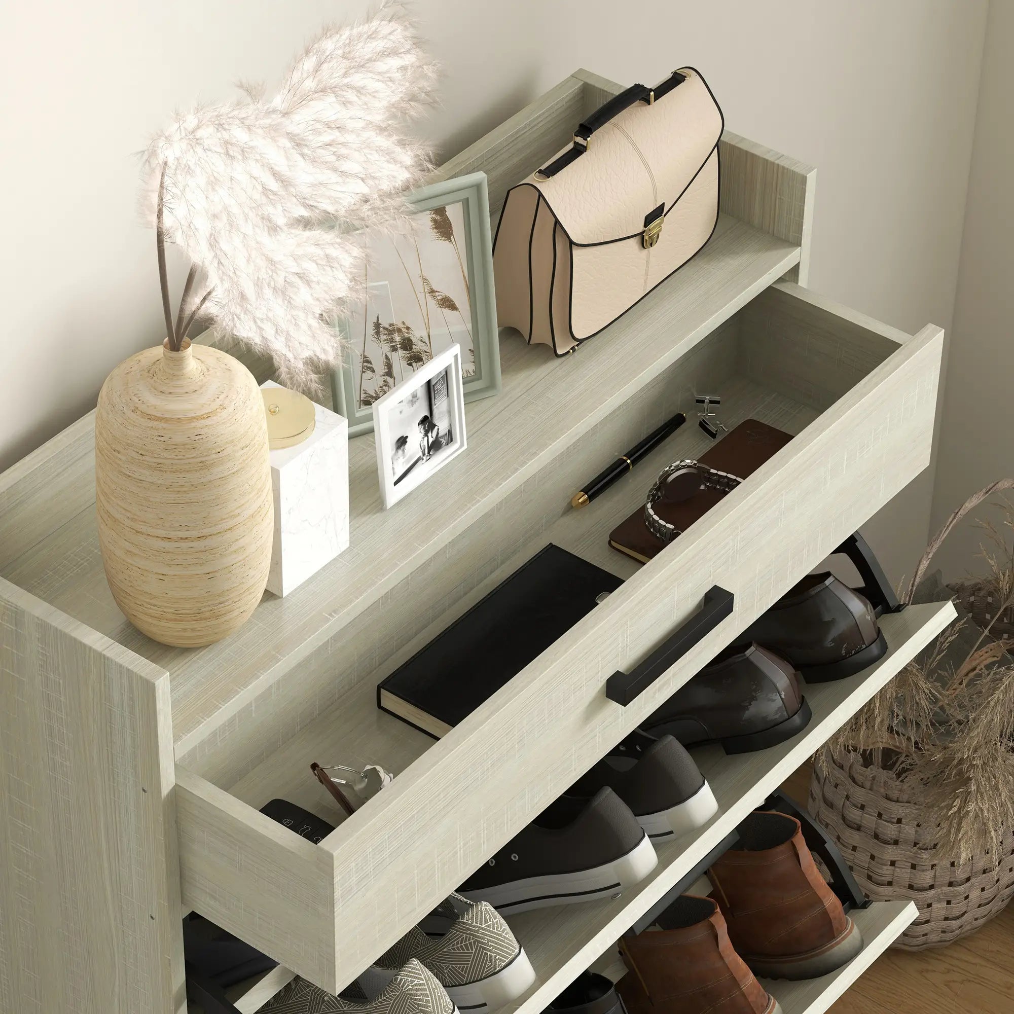 Slim Shoe Storage, 2 Flip Drawers, Adjustable Shelves, 12 Pair, Distressed, White Shoe Storage Cabinets & Racks at Gallery Canada