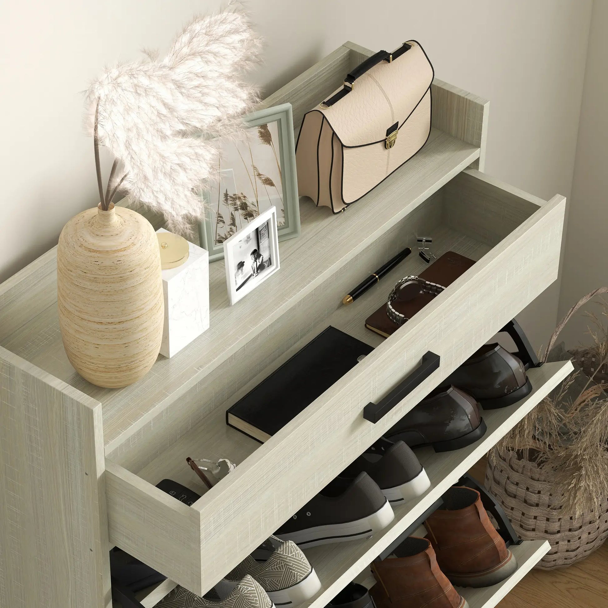Slim Shoe Storage, 2 Flip Drawers, Adjustable Shelves, 12 Pair, Distressed, White Shoe Storage Cabinets & Racks at Gallery Canada