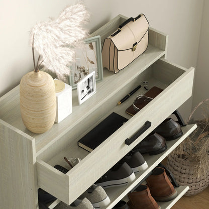 Slim Shoe Storage, 2 Flip Drawers, Adjustable Shelves, 12 Pair, Distressed, White Shoe Storage Cabinets & Racks at Gallery Canada