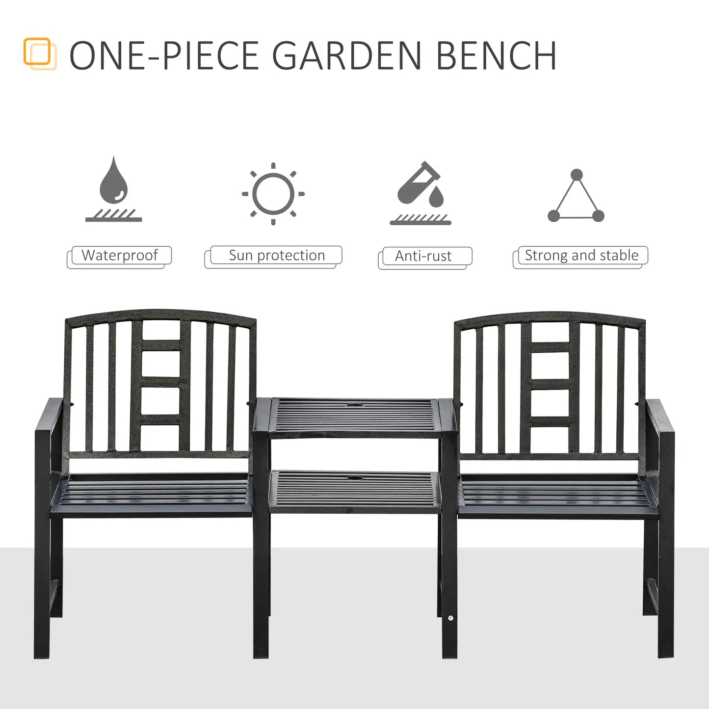 Steel Garden Bench With Middle Table, Umbrella Hole, Double Seat, Outdoor, Black Outdoor Benches at Gallery Canada