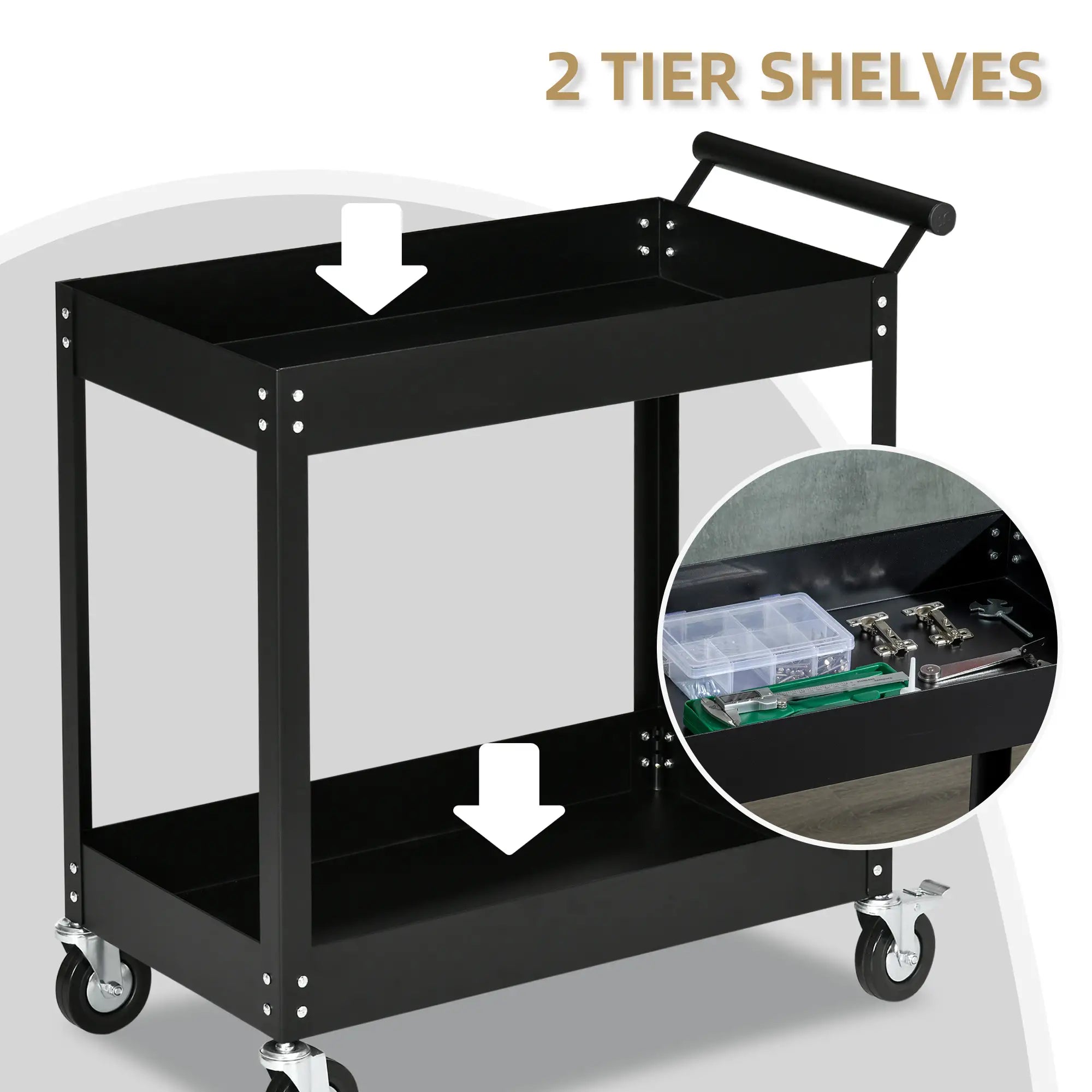 2 Tier Rolling Tool Cart, Steel Mobile Utility Cart, 330lbs, Black Tool Organizers at Gallery Canada