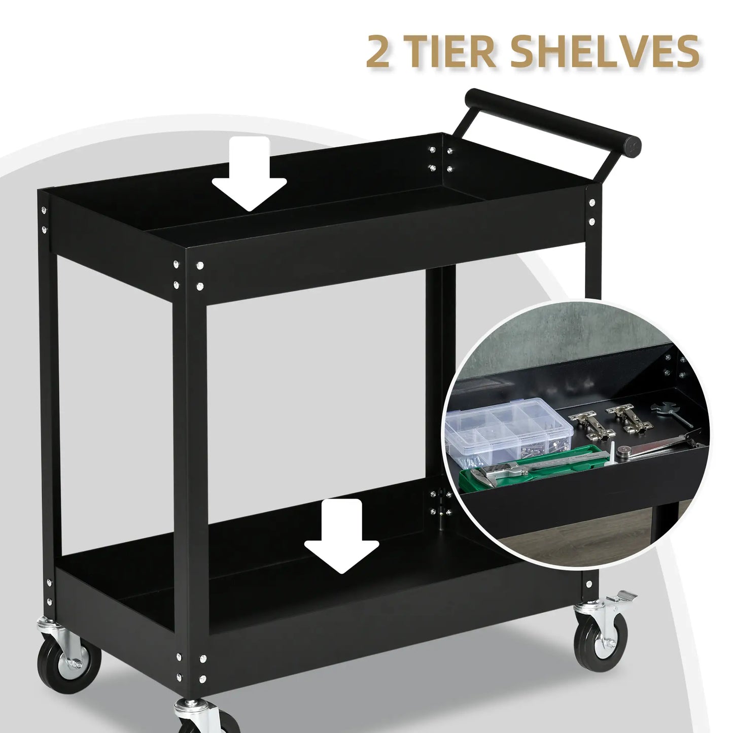 2 Tier Rolling Tool Cart, Steel Mobile Utility Cart, 330lbs, Black Tool Organizers at Gallery Canada